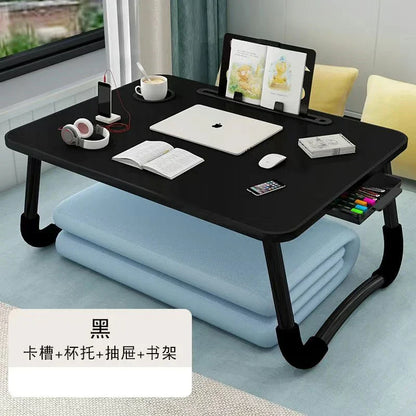 Foldable Laptop Desk for Bed & Sofa – Portable Lap Table with Cup, Book Holder, Drawer, and USB Slot