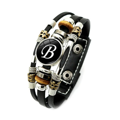 A-Z English Letters Leather Bracelet - 26 Initial Cabochon Glass Snap Wristband for Men & Women, Couple Gift