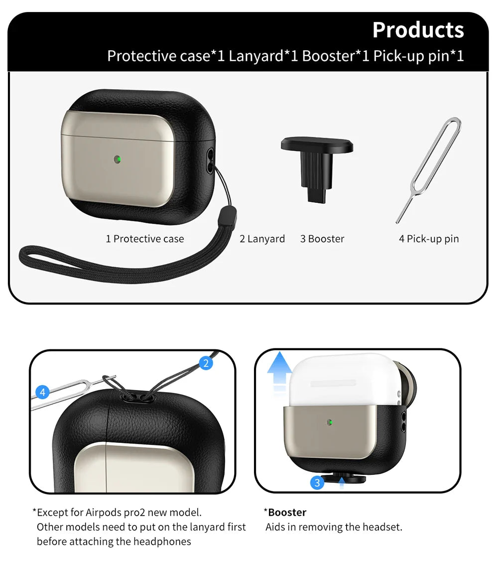 Luxury Leather Pattern Earphone Case for AirPods Pro 2/3/4 – Shockproof ANC Cover with Lanyard