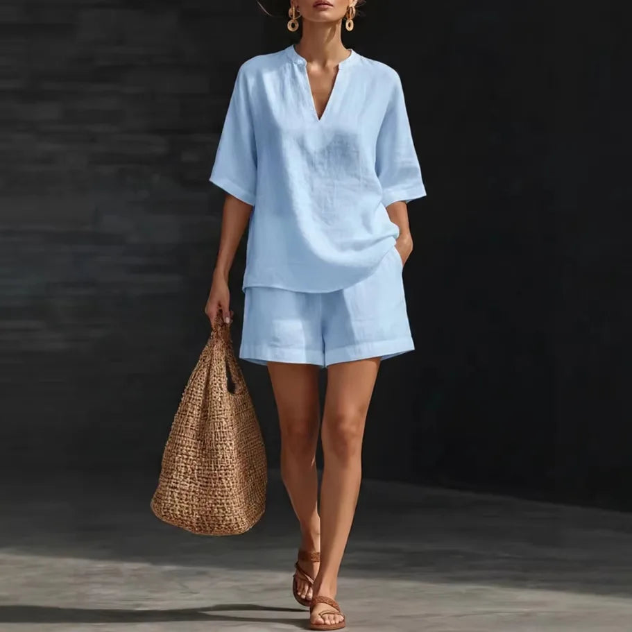 Women’s Cotton Linen Two Piece Set - Casual Spring Summer Drawstring Blouse & Ruffle Shorts Outfit