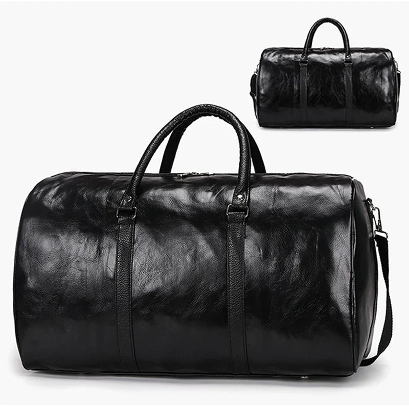 Leather Travel Duffle Bag – Large Fitness & Luggage Shoulder Bag for Men, Black PU Fashion Zipper Handbag