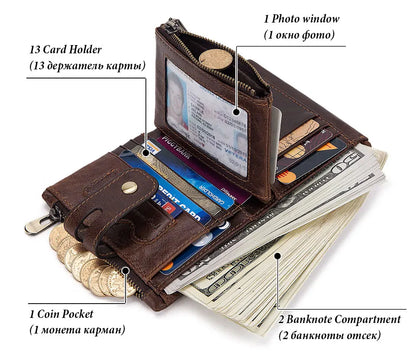Fashion Women’s Leather Wallet — Genuine Leather Clutch with Hasp & Double Zipper, Short Coin Pocket and ID Card Holder Purse