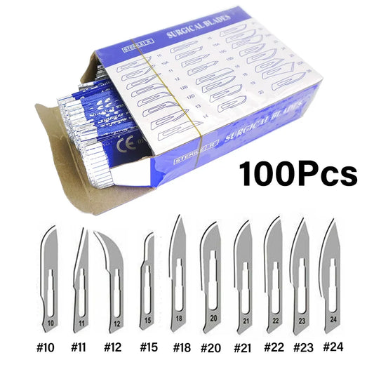 100pcs Sterilized Dental Surgical Blades — Carbon Steel Scalpel Knife Handles for Beauty, DIY, & Mobile Phone Repair Disposable Tools