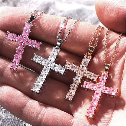 Fashion Gold Necklace for Women – Multi-Color Crystal Jesus Cross Pendant, Party & Leisure Jewelry