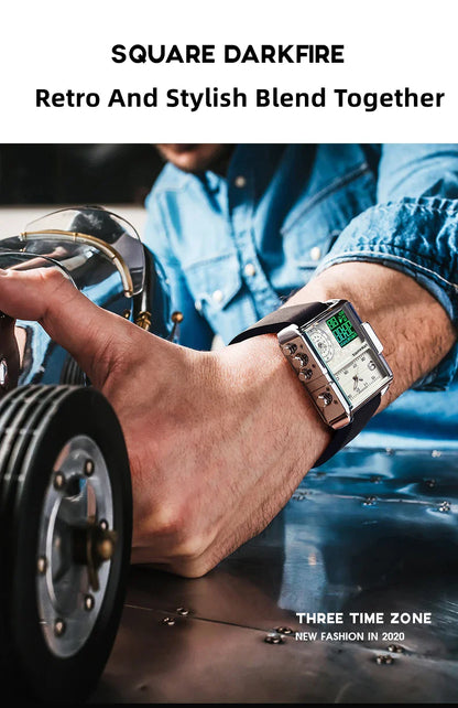 Mark Fairwhale Men’s Luxury Square Quartz Watch — Fashion Waterproof Military Leather Strap Wristwatch