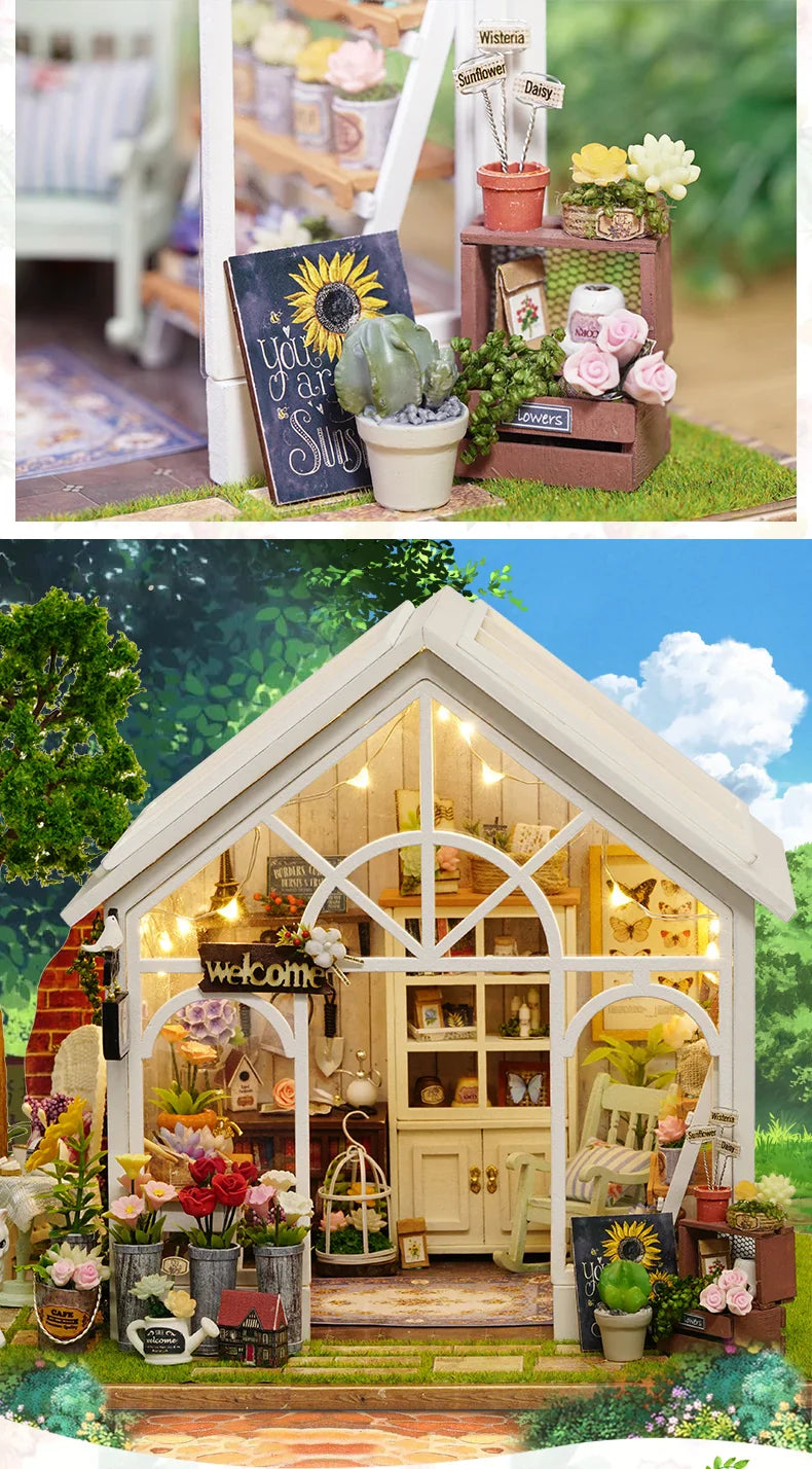 DIY Wooden Sunshine Greenhouse Cottage – Miniature Dollhouse Kit with Furniture for Friends' Gifts
