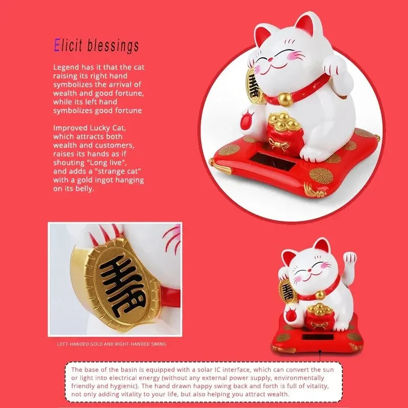 Lucky Waving Cat Solar Ornament – Solar-Powered Fortune & Wealth Decor for Home and Office