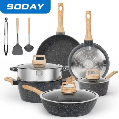 SODAY 12 Piece Granite Nonstick Cookware Set - Induction Compatible Kitchen Pots and Pans