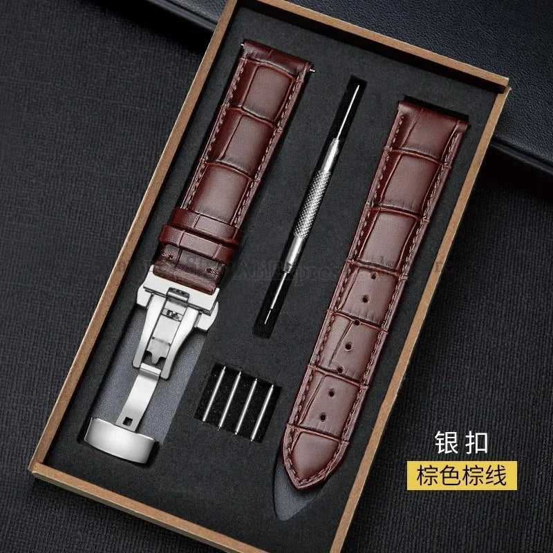 Universal Genuine Leather Watch Band 12–24mm with Butterfly Clasp – Premium Strap for Men & Women (Gift Box Included)