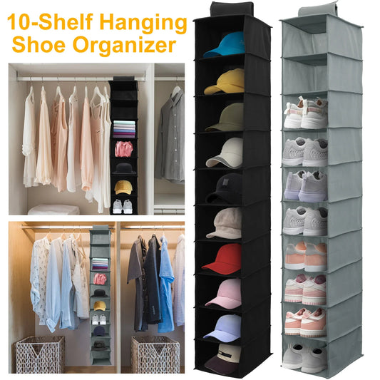10-Shelf Hanging Shoe Organizer – Foldable Non-Woven Fabric Space-Saving Shoe Rack Multipurpose Storage