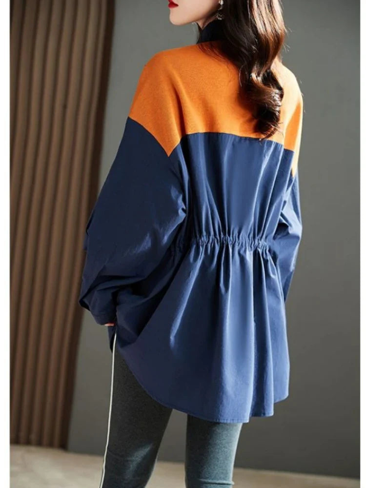 Women’s Fashion Lantern Sleeve Shirt – French Patchwork Blouse, Single-Breasted Business Casual Office Top