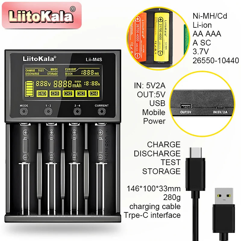 LiitoKala Lii-M4/Lii-M4S Battery Charger – 5V Plug (EU/AU/UK/US) for 3.7V Li-Ion & 1.2V AA/AAA/C Batteries (18650, 26650, 21700, 14500, 18350, 17500)