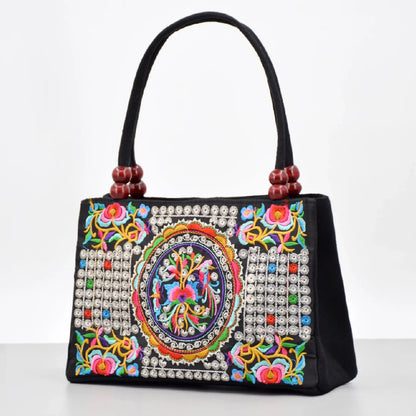 Embroidered Canvas Top Handle Bag for Women - Double Layered with Zippered Compartments, Ideal for Work and Play