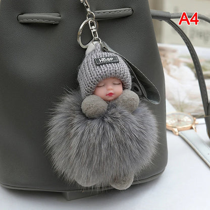 Cute Pompom Sleeping Baby Keychain - Fluffy Plush Doll Bag Charm, Key Ring & Gift for Women and Girls