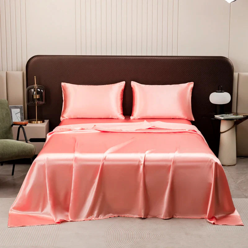 Silky Satin Bed Sheet Set for Summer – Ice Cooling Flat Sheet with Pillowcase, Single/Queen/King Sizes