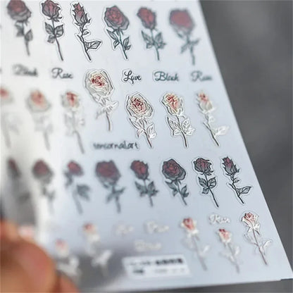 Vintage Rose Flower Nail Stickers – Red & Blue Laser Gold/Silver Nail Art Decals for Manicure Design DIY Beauty Tool