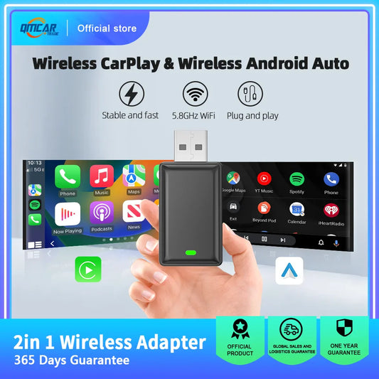 Wireless CarPlay Adapter – 2-in-1 Android Auto Smart Dongle for Volvo, Benz, Cadillac, Jeep, Lexus, Buick, Audi, Mazda, VW, Kia