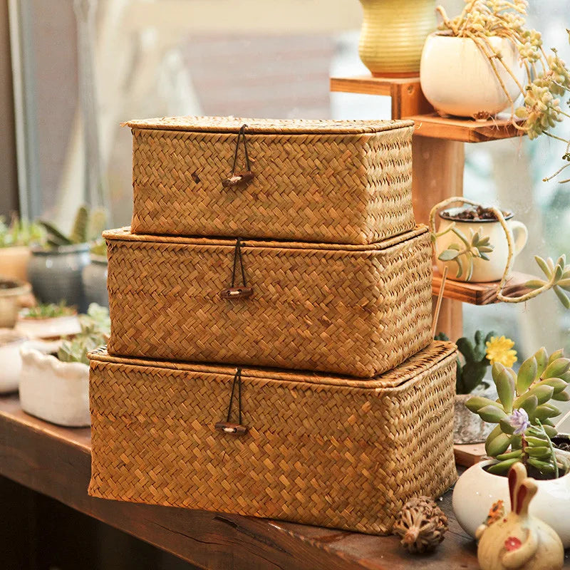 Rectangular Hand-Woven Rattan Wicker Storage Basket - Desktop Organizer for Sundries and Clothes Container