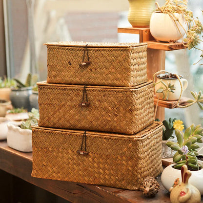Rectangular Hand-Woven Rattan Wicker Storage Basket - Desktop Organizer for Sundries and Clothes Container