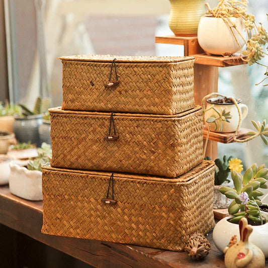 Rectangular Hand-Woven Rattan Wicker Storage Basket - Desktop Organizer for Sundries and Clothes Container