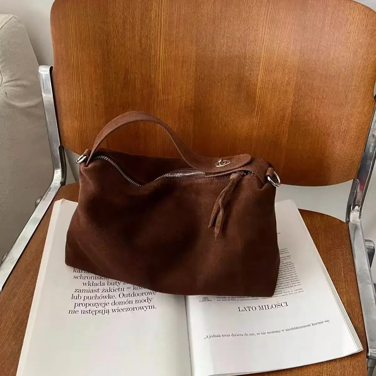 Simple Autumn Winter Grey & Brown Boston Tote — Soft Matte Suede Cow Leather Women's Shoulder Handbag