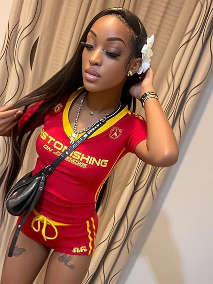Sisterlinda Summer 2-Piece Set – Women's Letter Print T-Shirt & Drawstring Mini Skirt Tracksuit