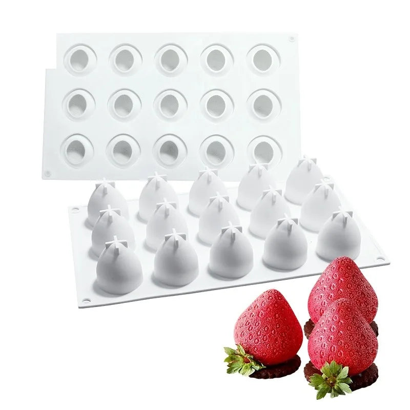 15-Hole Strawberry Silicone Mold – 3D Baking Tray for Mousse, Chocolate, Fruit Cakes & Kitchen Decoration Tools
