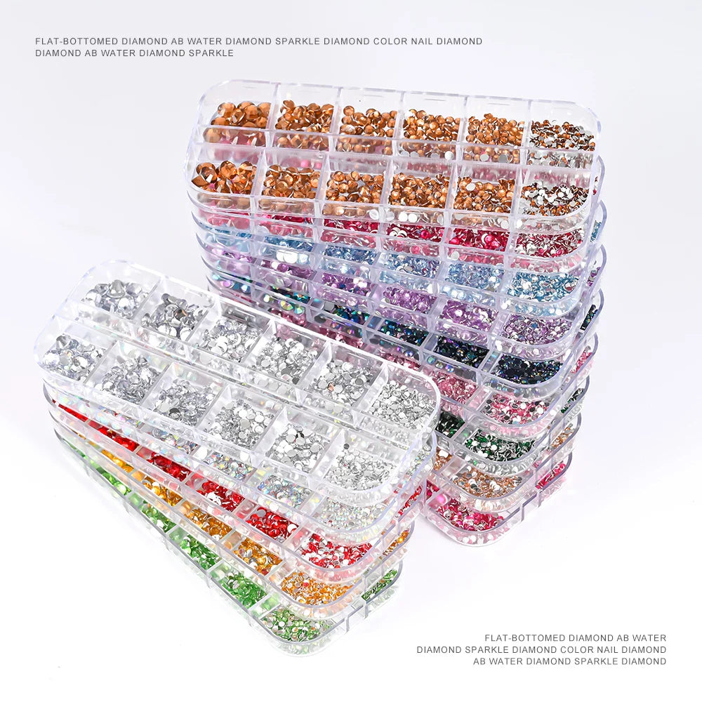12-Grid 3D Glass AB Crystal Nail Art Rhinestones Kit – Flatback Round Beads with Tools for Nail Jewelry & Diamond Decoration