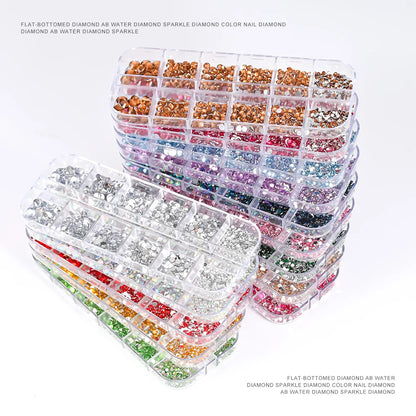12-Grid 3D Glass AB Crystal Nail Art Rhinestones Kit – Flatback Round Beads with Tools for Nail Jewelry & Diamond Decoration