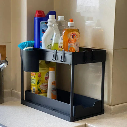 2-Tier Under Sink Sliding Cabinet Organizer — Basket Storage Rack with Hooks for Bathroom & Kitchen