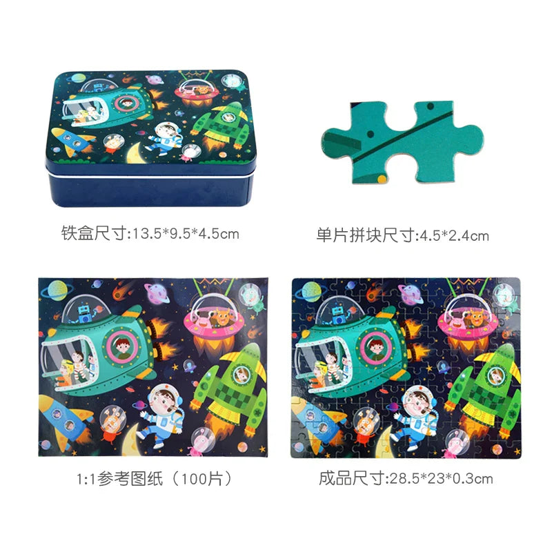 100PCS Kids Wooden Puzzle Set – Cartoon Animal & Vehicle Jigsaw Toys for Early Learning & Parent-Child Play
