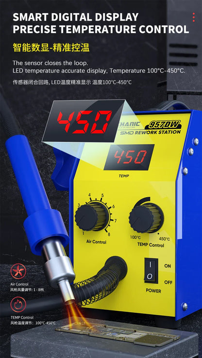MECHANIC 957DW Soldering & Desoldering Station – Dual-Scroll Hot Air Rework Tool for PCB Mainboard and Tin Soldering
