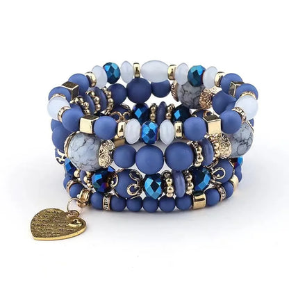 Bohemian Acrylic Beaded Bracelet Set – Solid Heart Charm Elastic Bangles for Women & Men, Retro Daily Wear Jewelry Gift