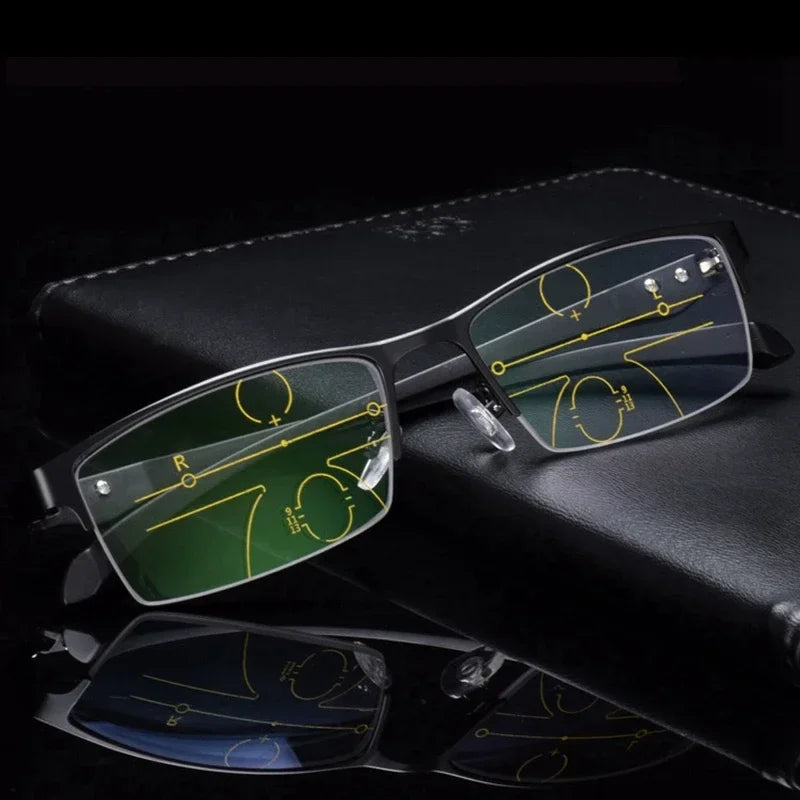 Progressive Multifocal Photochromic Reading Glasses – Anti-Blue Light Half Frame for Men with Presbyopia & Far Sight Protection