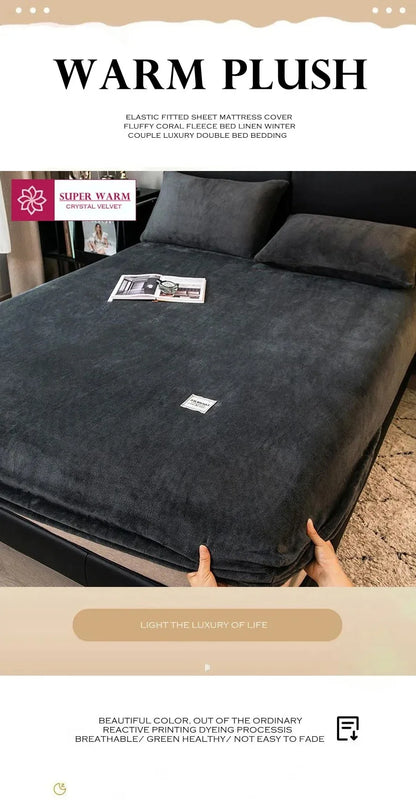 Soft Warm Plush Fitted Sheet – Elastic Coral Fleece Mattress Cover for Winter, Luxury Double Bed Bedding