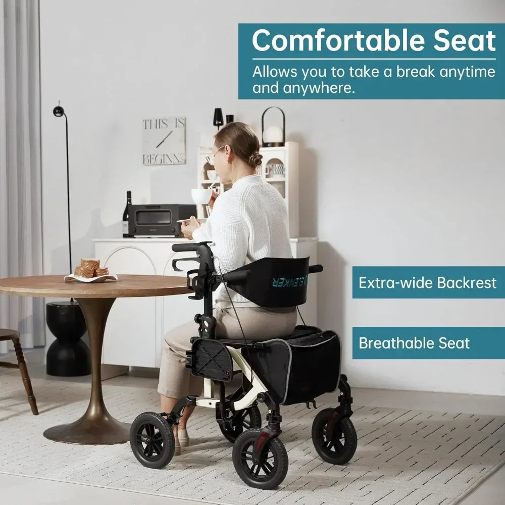 Champagne All-Terrain 2-in-1 Rollator Walker & Transport Chair – 10” Non-Pneumatic Wheels with Reversible Backrest and Detachable Seat