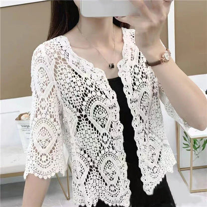 Women’s Knitted Lace Shrug – Boho Hollow Crochet Floral 3/4 Sleeves, Open Front Cropped Cardigan, Elegant Mesh Sweater Cover-Up