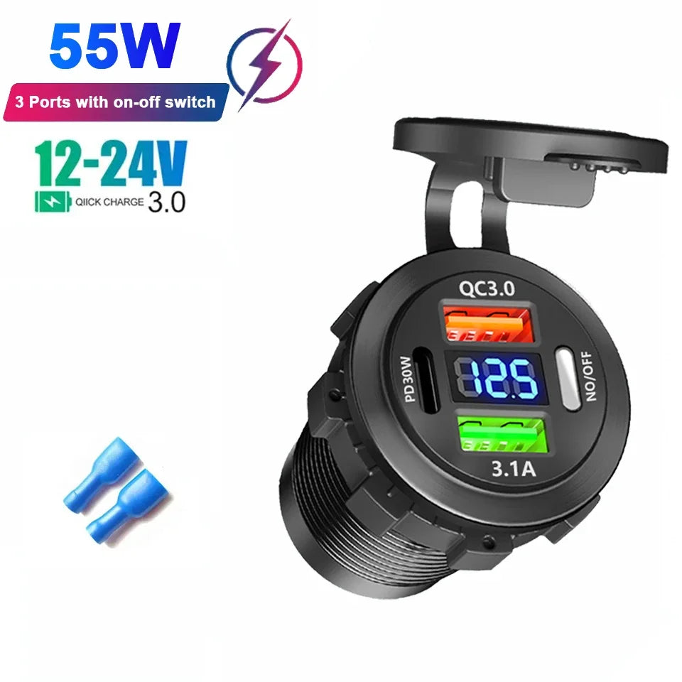 Car USB Fast Charger PD3.0 QC3.0 12/24V Socket with Voltmeter & On/Off Switch, Motorcycle Boat Auto Charging Adapter Accessory