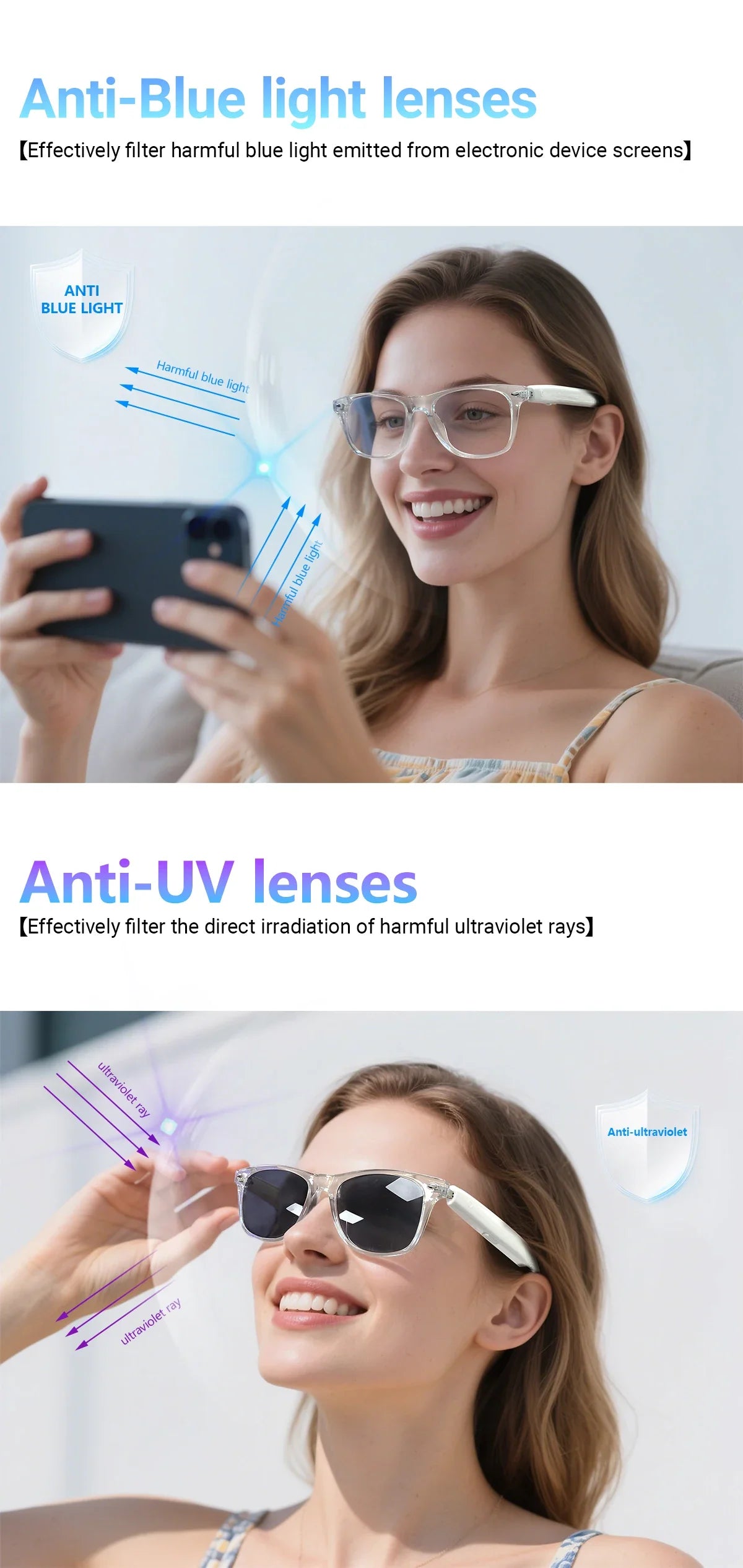 Smart Glasses with AI Translation – Supports 100+ Languages, Bluetooth TWS, Calls, Music, Noise Reduction & Light Control for Men & Women