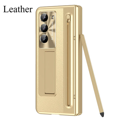 Slim Leather Case with Touch Pen for Samsung Galaxy Z Fold 6/5/W25/4/3 – Plated Hinge & Full Screen Protector Cover
