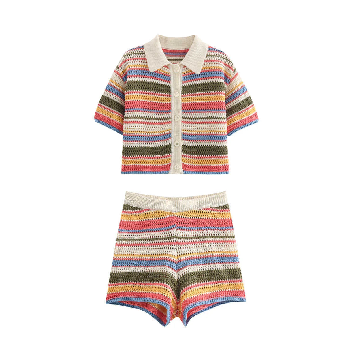 Women Y2K Patchwork Striped Crochet Knit Crop Sweater & Shorts Set – Hollow Out Short Sleeve Polo Collar Outfit