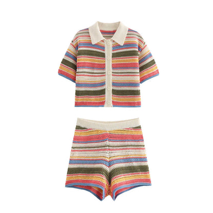 Women Y2K Patchwork Striped Crochet Knit Crop Sweater & Shorts Set – Hollow Out Short Sleeve Polo Collar Outfit