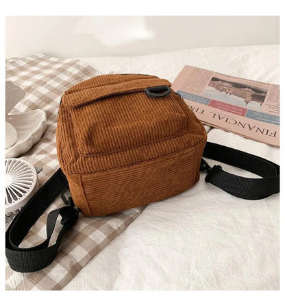 Women's Mini Backpack - Fashionable Solid Color Corduroy Casual Schoolbag with Large Capacity