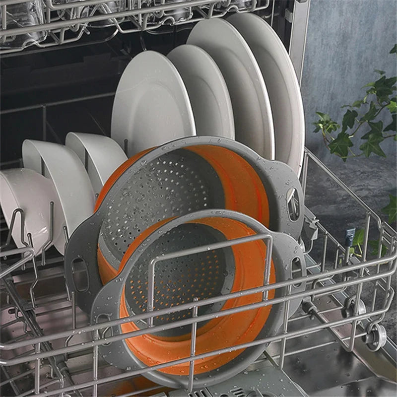 Silicone Round Folding Drain Basket Colander - 1 or 2pcs Collapsible Strainers for Washing Vegetables and Fruits, Essential Kitchen Tools