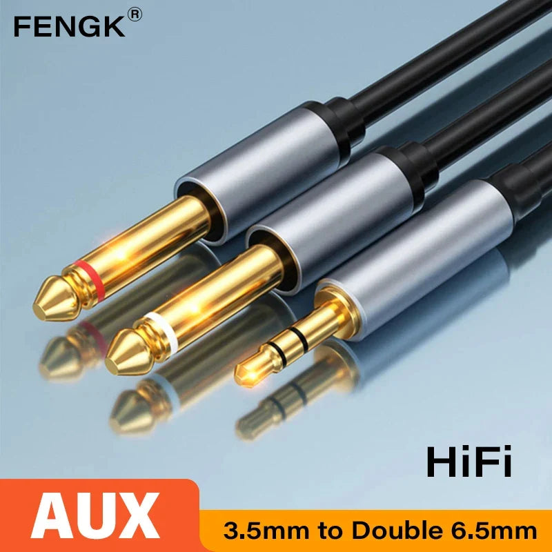 3.5mm to Dual 6.5mm TRS Audio Cable – AUX Adapter for Mixer, Amplifier & Speaker (6.35mm Jack)