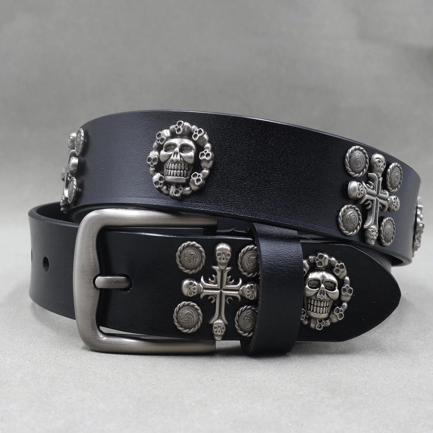 Men’s Designer Rivet Belt – Genuine Cowhide Leather Punk Rock Pin Belt for Jeans, Luxury Black Leather Belt