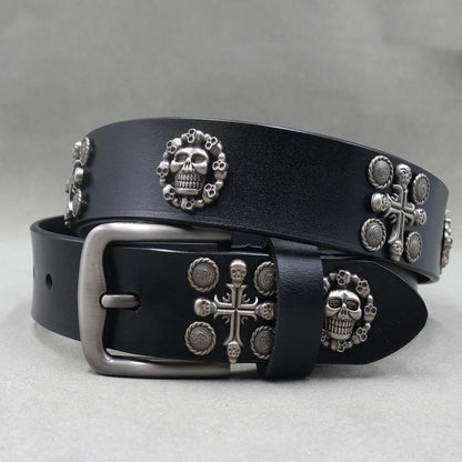Men’s Designer Rivet Belt – Genuine Cowhide Leather Punk Rock Pin Belt for Jeans, Luxury Black Leather Belt