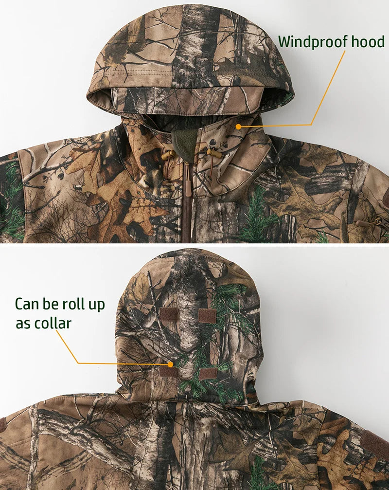 Men’s Silent Soft Shell Tactical Jacket | Waterproof, Warm Fleece Camouflage Hunting & Outdoor Hooded Coat
