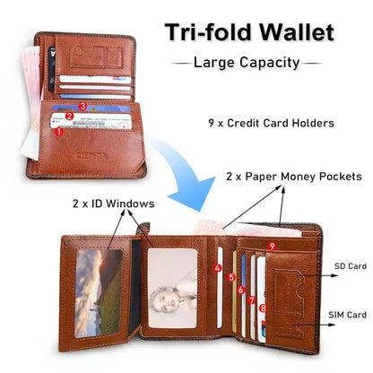 Genuine Leather Men’s Wallet – RFID Blocking Trifold, Vintage Thin ID & Credit Card Holder, Multi-Function Purse