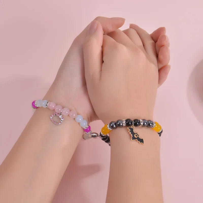 Spider Kitty Heart Charm Bracelets - Magnetic Crystal Beaded Couple Matching Jewelry